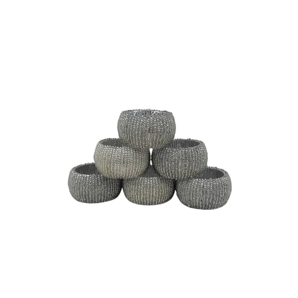 Set of 6 Silver Glass Beaded Napkin Rings Metallic Textured Table Decor